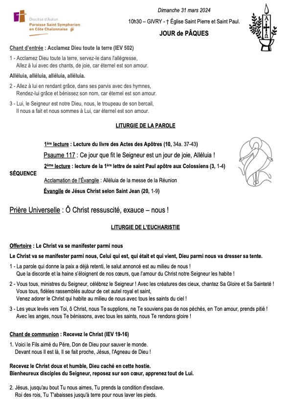 Feuille de chants du 31 mars 2024